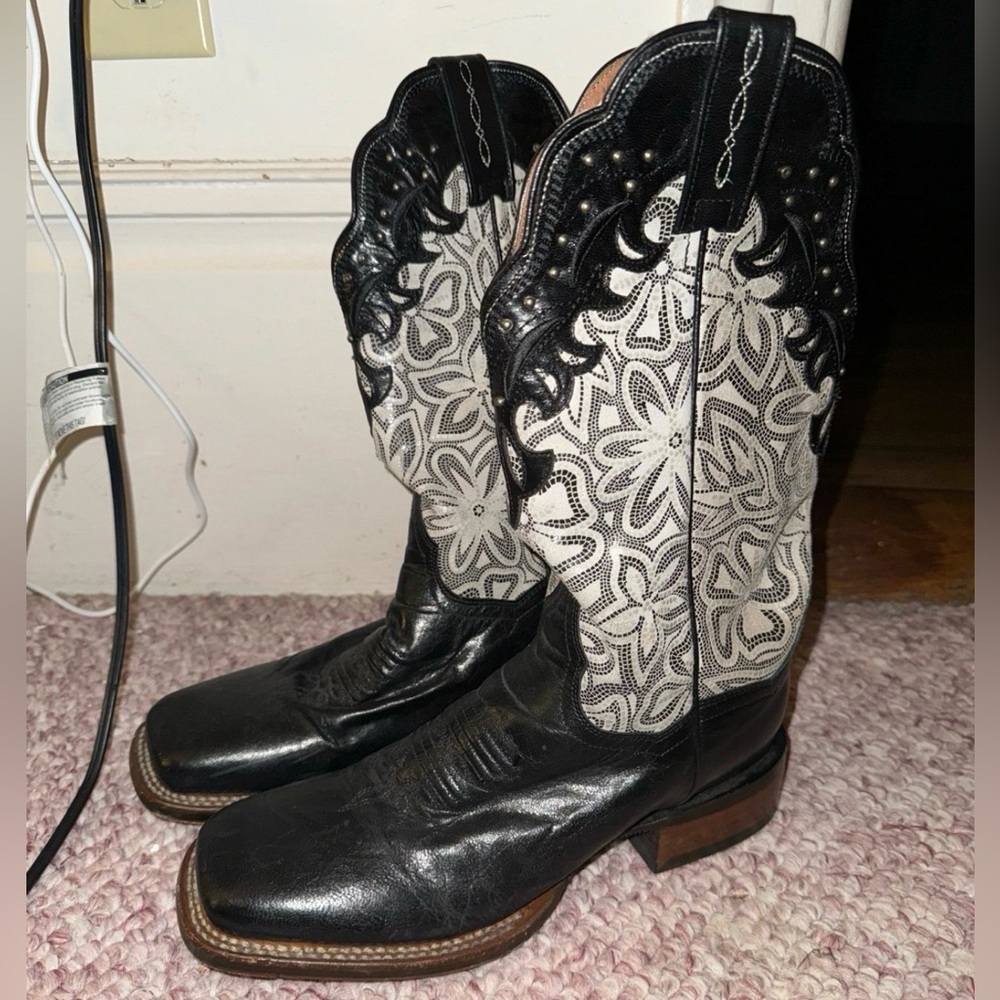 Dan Post Black and White Floral Western Heeled Boots